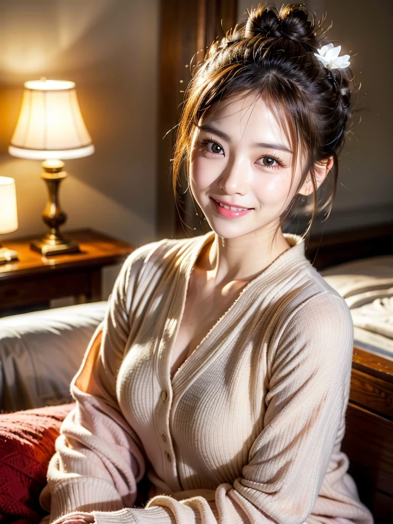 Highest quality，Face Focus，Soft Light，Ultra-high resolution，（Realism：1.4），original photo，1 Japanese girl，Alone，cute，There is a light in the eyes，Every detail is beautiful，High-resolution details of human skin texture，(double bun,22 year old:1.5)，indoor，on the bed，Luxury hotel bedroom，pajamas，portrait，Awkward，blush，Smile，Upper body