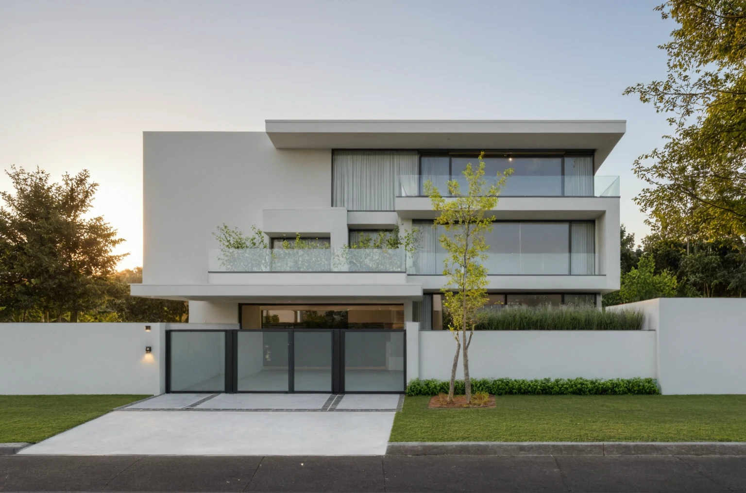Masterpiece, high quality, best quality, realistic, super detailed, outdoor, modern house style, bietthuhn, white wall, glass door, street gate, sidewalk, grass, trees, Beautiful sky, sunrise, (day:1.1), true light