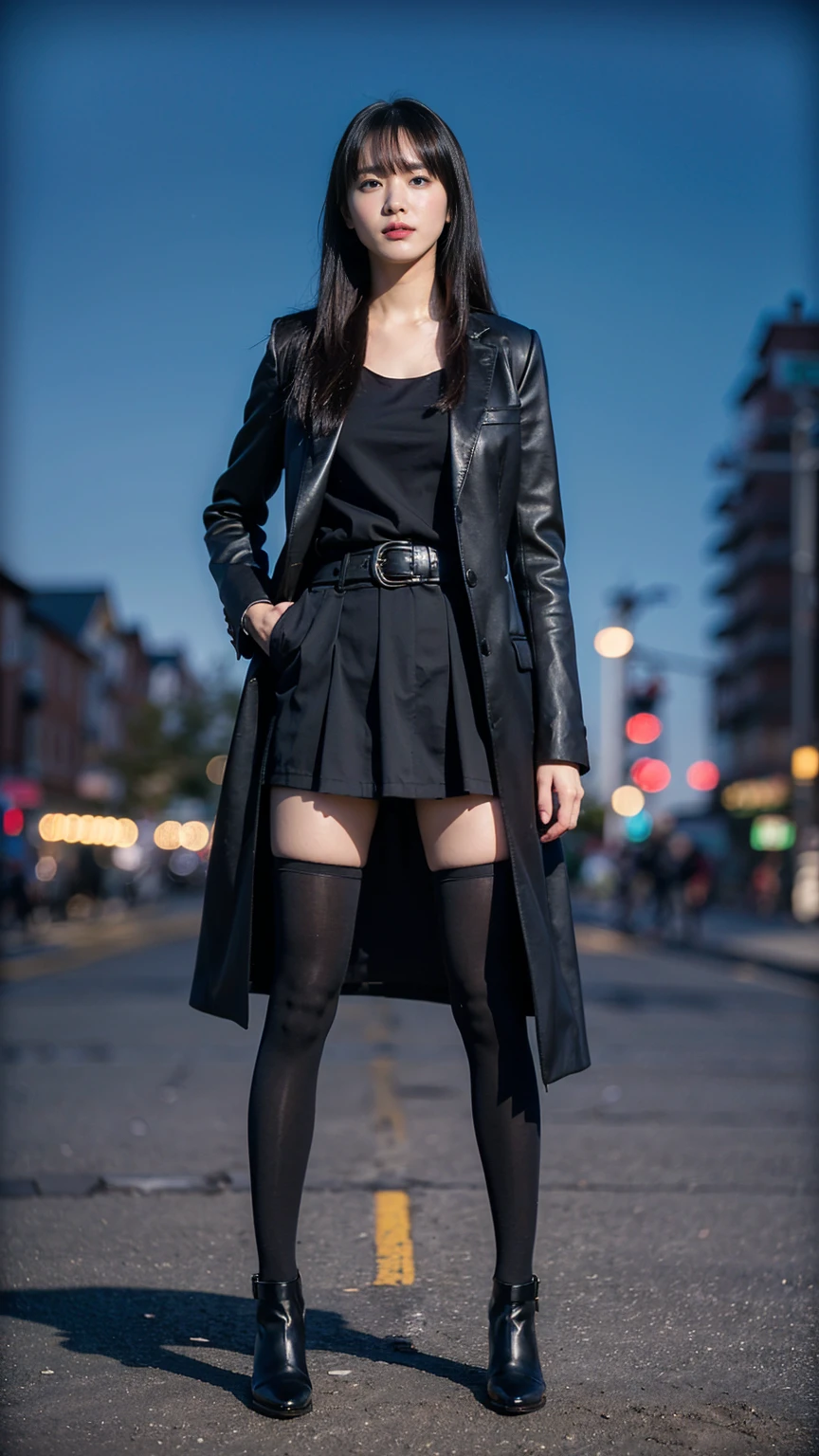 (8K、RAW Photos、Highest quality、masterpiece:1.2)、(Realistic、Realistic)、1 Girl、((Check mini skirt、Long coat、Medium Hair、black、Thin legs、whole body、boots、blackいコート、one piece、tights、Night Park、View from the front、Looking into the camera、belt、Stand with hands on hips))、cute