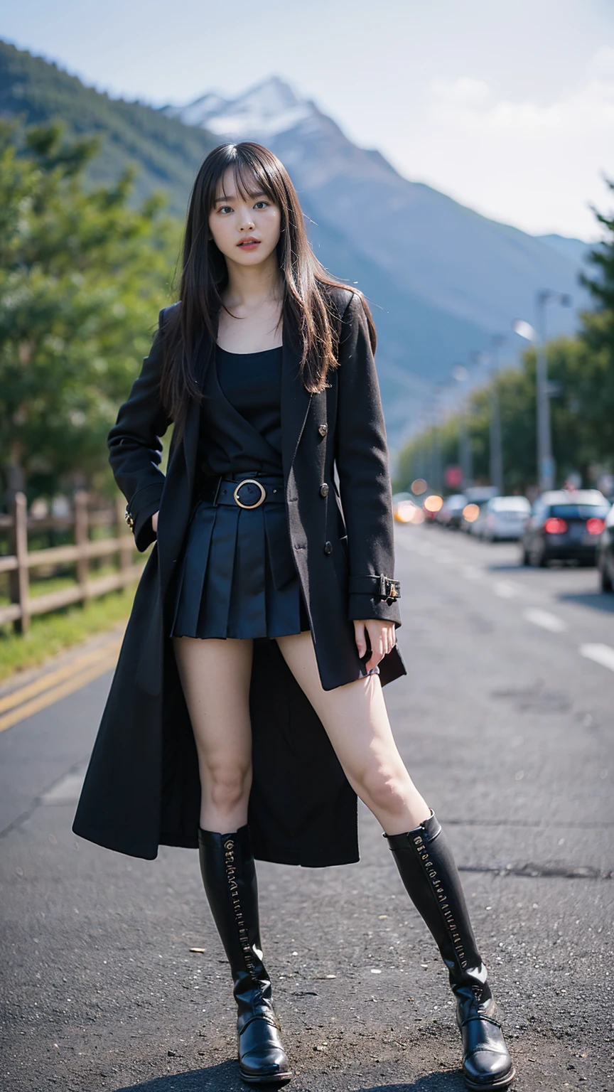 (8K、RAW Photos、Highest quality、masterpiece:1.2)、(Realistic、Realistic)、1 Girl、((Check mini skirt、Long coat、Medium Hair、black、Thin legs、whole body、boots、blackいコート、one piece、tights、Night Park、View from the front、Looking into the camera、belt、Stand with hands on hips))、cute