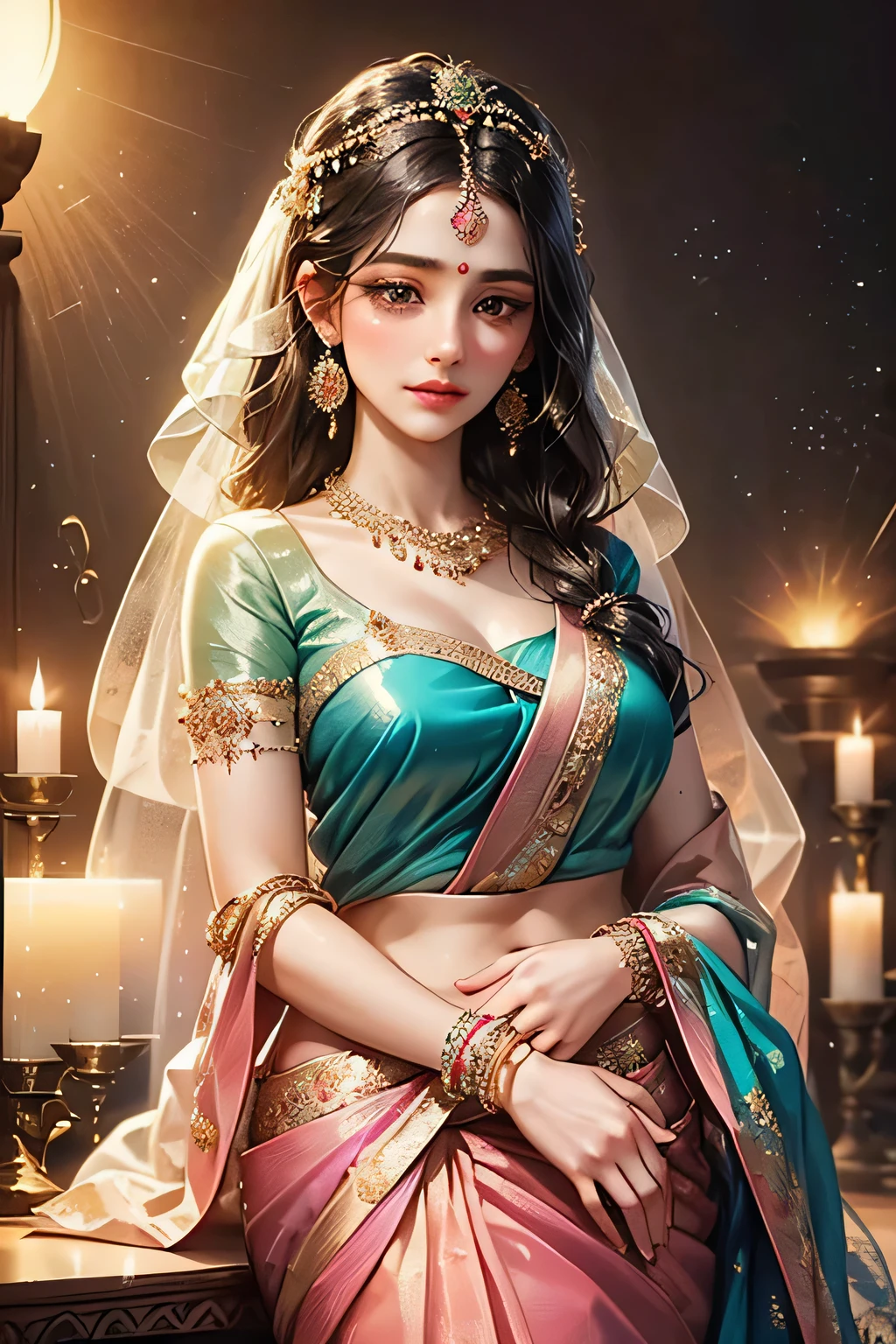 Goddess, very beautiful, animated style, closeup shot, anime in a (((combination indian traditional saree))) (((saree))) (((blouse))), long black wavy hair untied, head jewellery, head clips, head chains, head tiara, necklace, long and beautiful earings, armlets, bangles and bracelets, rings, pleasant expression, bright big black eyes, holding a flower, natural beauty, vibrant colors, dreamy, northern light, pink bubble, romantic, soft lighting, vintage aesthetic