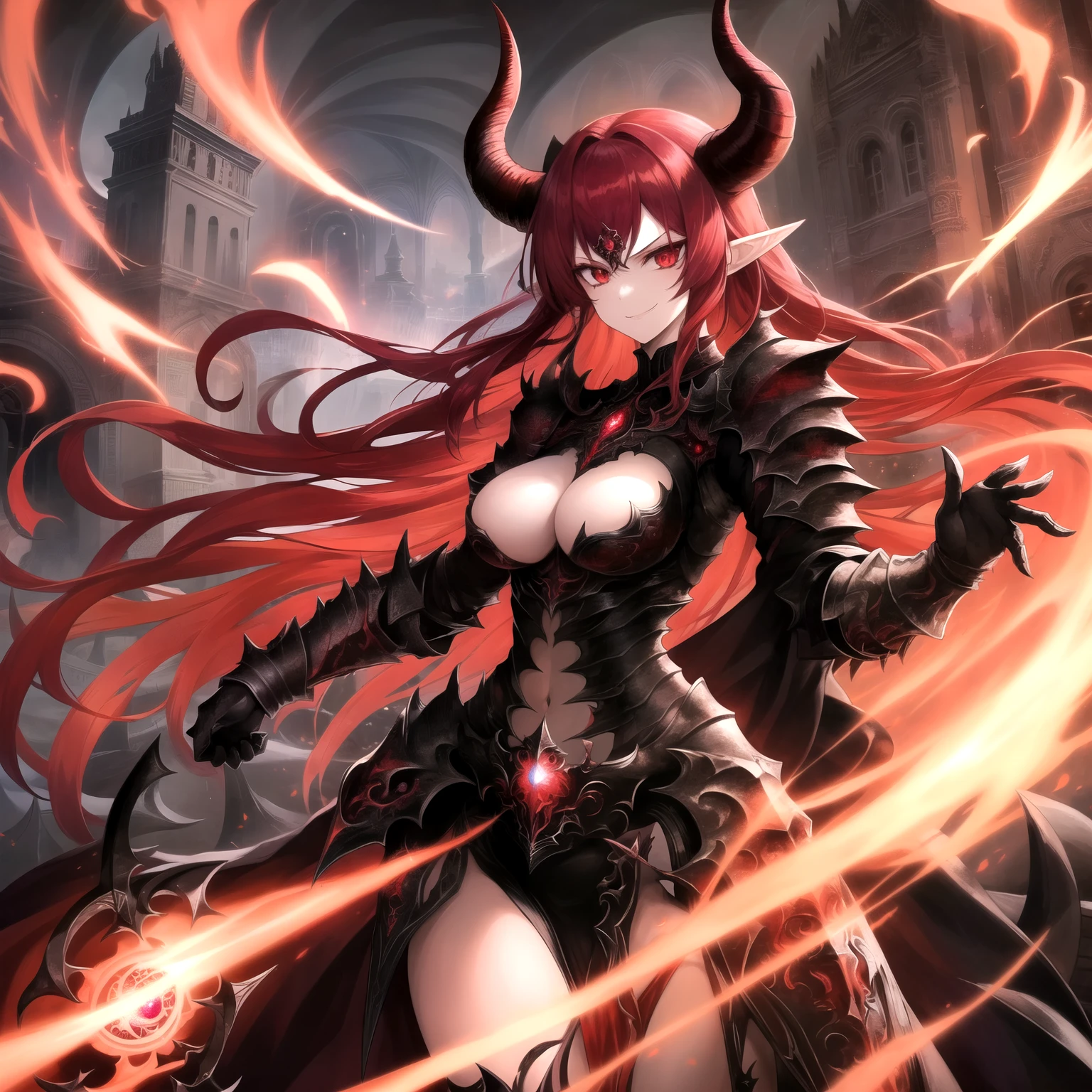 ((Best Quality)), ((Masterpiece)), (detailed), 1 girl, demonic armor,Red hair, magneta eye color ,demonic horns , high , elegant , pointed ears , whole body , standing , SMILE , evil expression , strong , 19 years