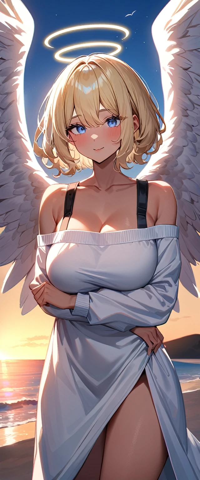 ((angel, big big white wings:1.2, halo:1.3)), full wing, ((tanned skin:1.1)), flying in the sky, ((wavy hair)), evening, Sunset, sea, beach, ((blond hair, bob cut:1.3)), big breasts, ager, (looking at viewer), oversized clothes, puffy long sleeves, collarbone, ((off-shoulder sweater dress:1.3, Quite thick shoulder straps)), (((sleeves past wrists:1.3))), ((white sweater)), collarbone, head tilt:1.3, (((blue eye))), ((happy smile)), (((anime style))), (best quality, 4K, 8K, highres, masterpiece:1.2, ultra-detailed, ultra-detailed eyes, HDR, uhd, studio lighting, ultra-fine painting, sharp focus, physically-based rendering, extreme detail description, professional, vivid colors, bokeh), ((Highest quality, Best image quality, Ultra-high resolution, Ultra-high resolution, solo, Strong eye highlights)), Depth of written boundary, Natural soft light, attractive, Beautiful Face, Cleanliness, Pure Face, medium chest, Beautiful Face, Perfect Fingers, Perfect hands, Perfect body, Perfect Face, Shine a light into your eyes, Perfect Anatomy
