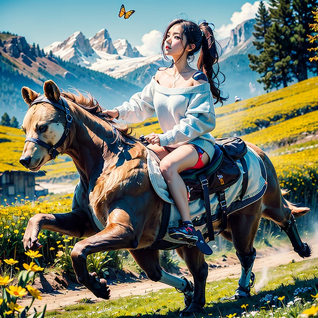 ((best quality)), ((masterpiece)), (detailed), 1girl, off-shoulder sweater, a riding bear in heavy armor and a saddle loaded with hiking bags walks through a flower meadow over which butterflies flutter against the backdrop of high mountains,