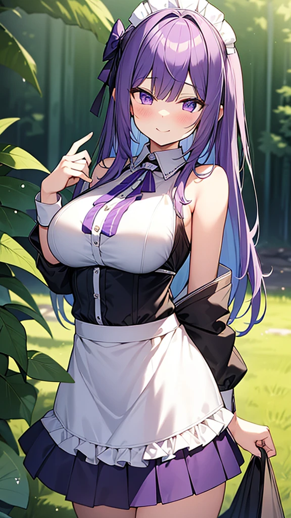 最high quality, high quality, 16K, Ultra-detailed details, pretty girl, alone, beautiful purple hair, Beautiful purple eyes, Big Breasts, A light smile, Summer clothes, Summer Maid clothes, I'm lifting my skirt, Blue and white color striped underwear(Bikini swimsuit under skirt), My crotch is wet with love juice, {{A succubus who steals the face skin and maid uniform from the girl she likes and plays pranks on her、I'm wearing a maid outfit while pretending to be the girl I like.}}, The girl I like is a high school girl, Full body image, NSFW