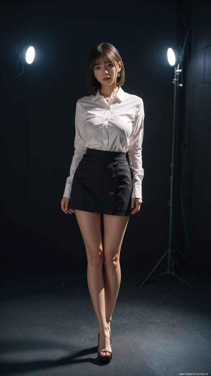 1girl, woman, masterpiece, best quality, highest quality, cinematic lighting, (volumetric lighting), extremely detailed CG unity 8k wallpaper, focused, 8k wallpaper, extremely detailed, ultra realistic, photorealistic, sharp focus, absurdres, (HDR:1.2), (high contrast), photograph, detailed and intricate, instagram, portrait, highly detailed, digital painting, artstation, concept art, smooth, sharp focus, illustration, cinematic lighting, (big breast:1.2), (whole body:1.2), white collar shirt, open shirt, open the button, show thigh, mini skirt, (full body:1.6), looking at the viewer.