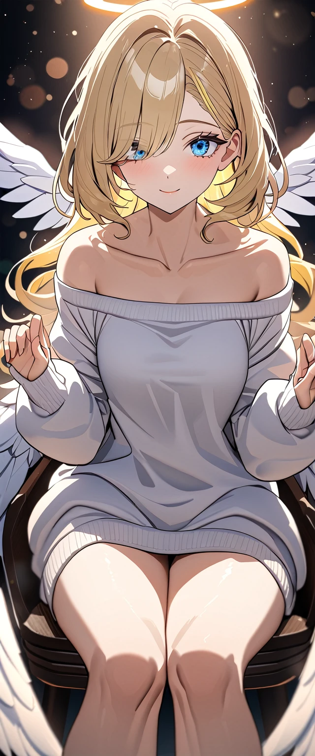 ((angel, big big white wings:1.3, halo:1.3)), (((cowboy shot))), ((flying)), Uriel, ((wavy hair, outward curled hair)), evening, Sunset, ((blond hair, bob cut:1.3)), breasts, teenager, (looking at viewer), oversized clothes, puffy long sleeves, collarbone, ((off-shoulder sweater dress:1.3, Quite thick shoulder straps)), (((sleeves past wrists:1.3))), ((white sweater)), collarbone, head tilt:1.3, (((blue eyes))), ((happy smile)), (((anime style))), (best quality, 4K, 8K, highres, masterpiece:1.2, ultra-detailed, ultra-detailed eyes, HDR, uhd, studio lighting, ultra-fine painting, sharp focus, physically-based rendering, extreme detail description, professional, vivid colors, bokeh), ((Highest quality, Best image quality, Ultra-high resolution, Ultra-high resolution, solo, Strong eye highlights)), Depth of written boundary, Natural soft light, attractive, Beautiful Face, Cleanliness, Pure Face, medium chest, Beautiful Face, Perfect Fingers, Perfect hands, Perfect body, Perfect Face, Shine a light into your eyes, Perfect Anatomy