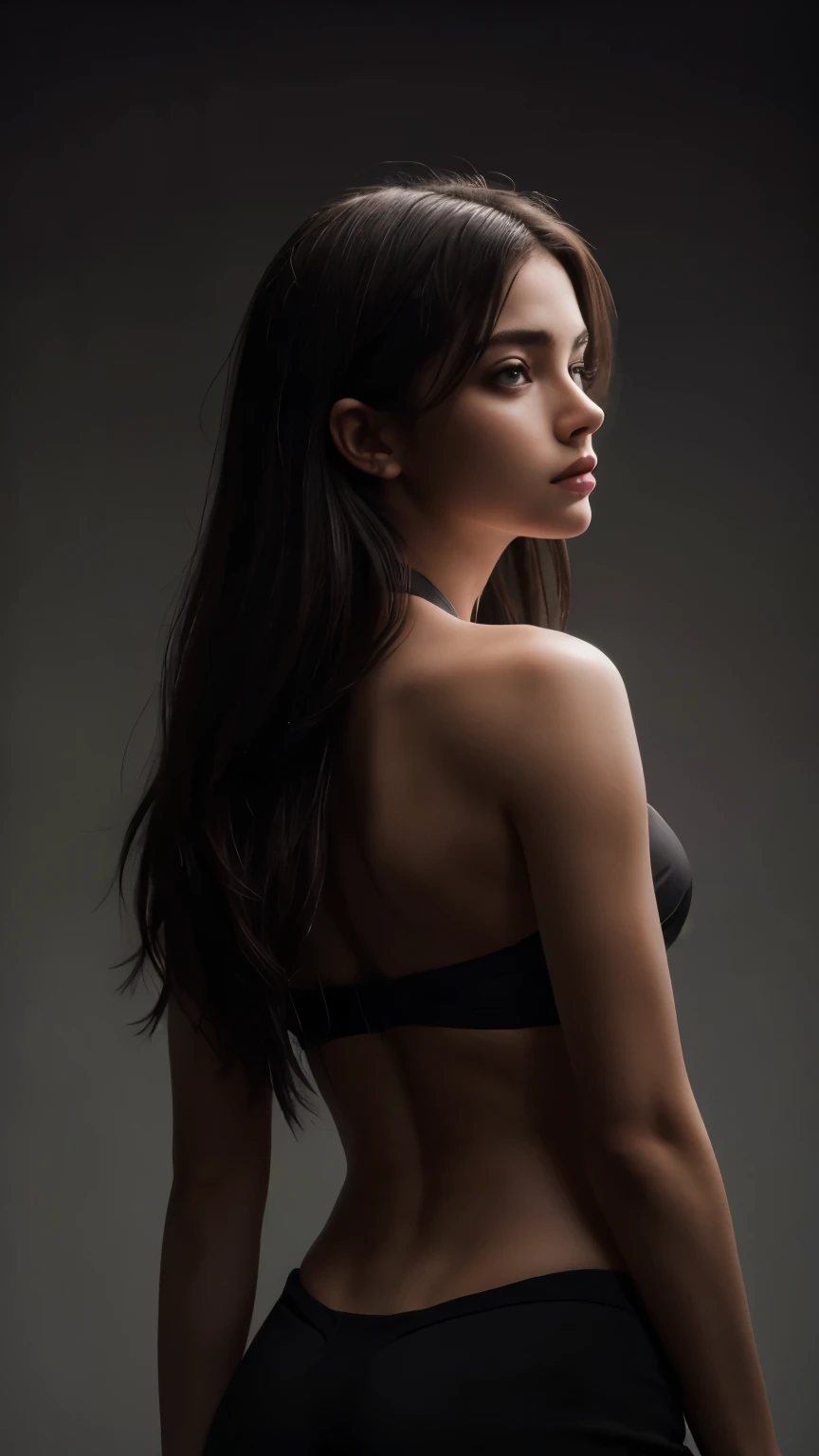 Best quality, masterpiece, ultra high res, (photorealistic:1.4), raw photo, 1girl, waist up, deep shadow, dark theme, cinematic, beautiful girl, beautiful eyes, turned back