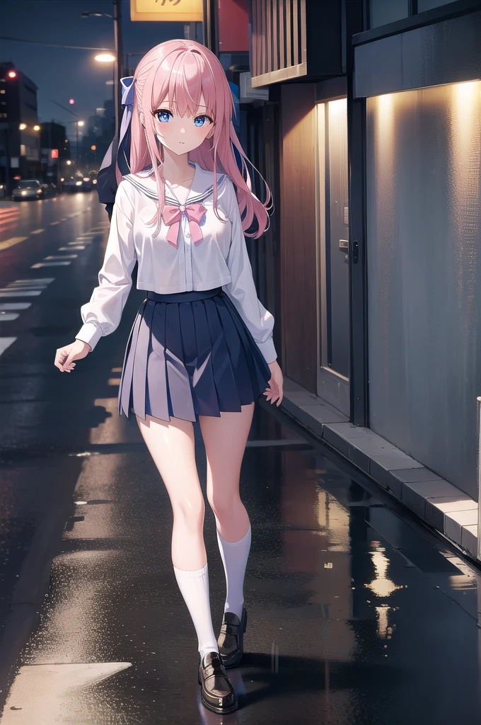 nodokaharamura, nodoka haramura, blue eyes, hair bow, long hair, pink hair, bow,
BREAK blue skirt, kiyosumi , pleated skirt, , serafuku, skirt,
BREAK looking at viewer,
BREAK indoors, city,night,neon lights,rain,wet road,reflections
BREAK (masterpiece:1.2), best quality, high resolution, unity 8k wallpaper, (illustration:0.8), (beautiful detailed eyes:1.6), extremely detailed face, perfect lighting, extremely detailed CG, (perfect hands, perfect anatomy),black pantyhose, full body, standing in street, wet uniform,bra vissible,