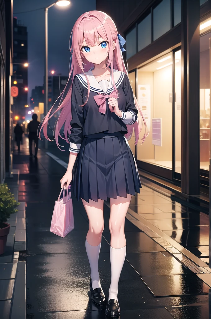 nodokaharamura, nodoka haramura, blue eyes, hair bow, long hair, pink hair, bow,
BREAK blue skirt, kiyosumi , pleated skirt, , serafuku, skirt,
BREAK looking at viewer,
BREAK indoors, city,night,neon lights,rain,wet road,reflections
BREAK (masterpiece:1.2), best quality, high resolution, unity 8k wallpaper, (illustration:0.8), (beautiful detailed eyes:1.6), extremely detailed face, perfect lighting, extremely detailed CG, (perfect hands, perfect anatomy),black pantyhose, full body, standing in street, wet uniform,bra vissible,