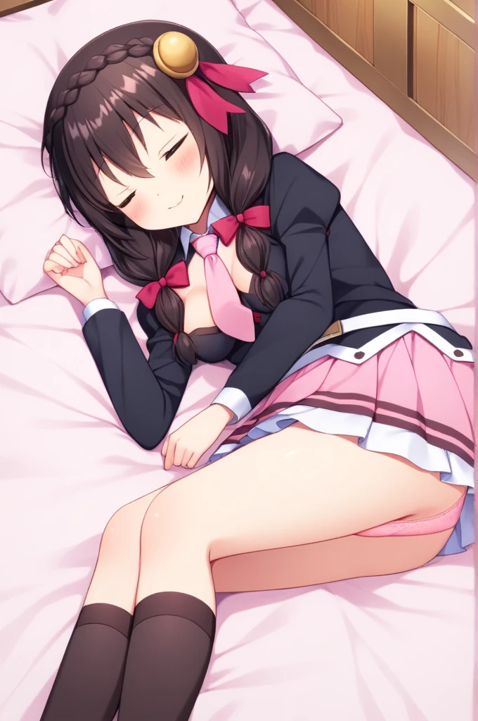 alone, One girl, Crown braids in the same color as your hair, hair ornaments, Hair Ribbon, Pink tie, Black long sleeve, Pink Skirt, Knee socks, Cleavage, bed、Black Hair、(Sleeping happily with both eyes closed:1.5)、(blush:1.2)、(I can see the pink panties.:1.2)、Bend your knees