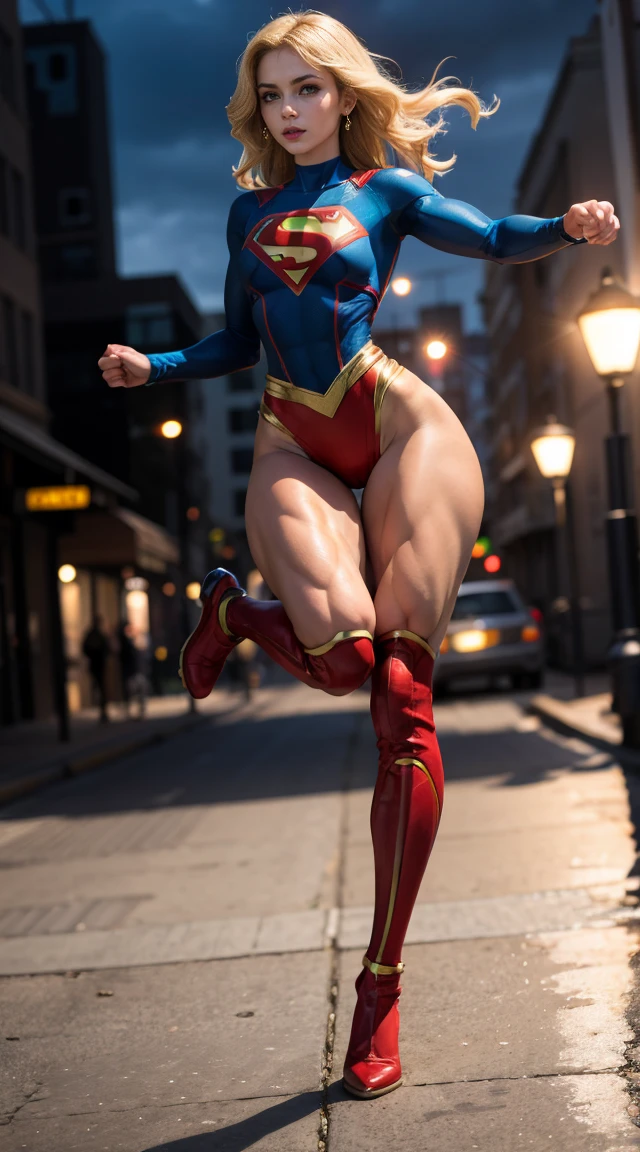 (Muscular:1.5), (thick thighs:1.4),
blonde female, supergirl,
earrings, lipstick, eyeshadow,
small breasts,
full body suit,
looking at viewer, three quarter view,
flying, in midair, rim lighting, two tone lighting, dim lighting, bokeh, detailed skin, detailed eyes