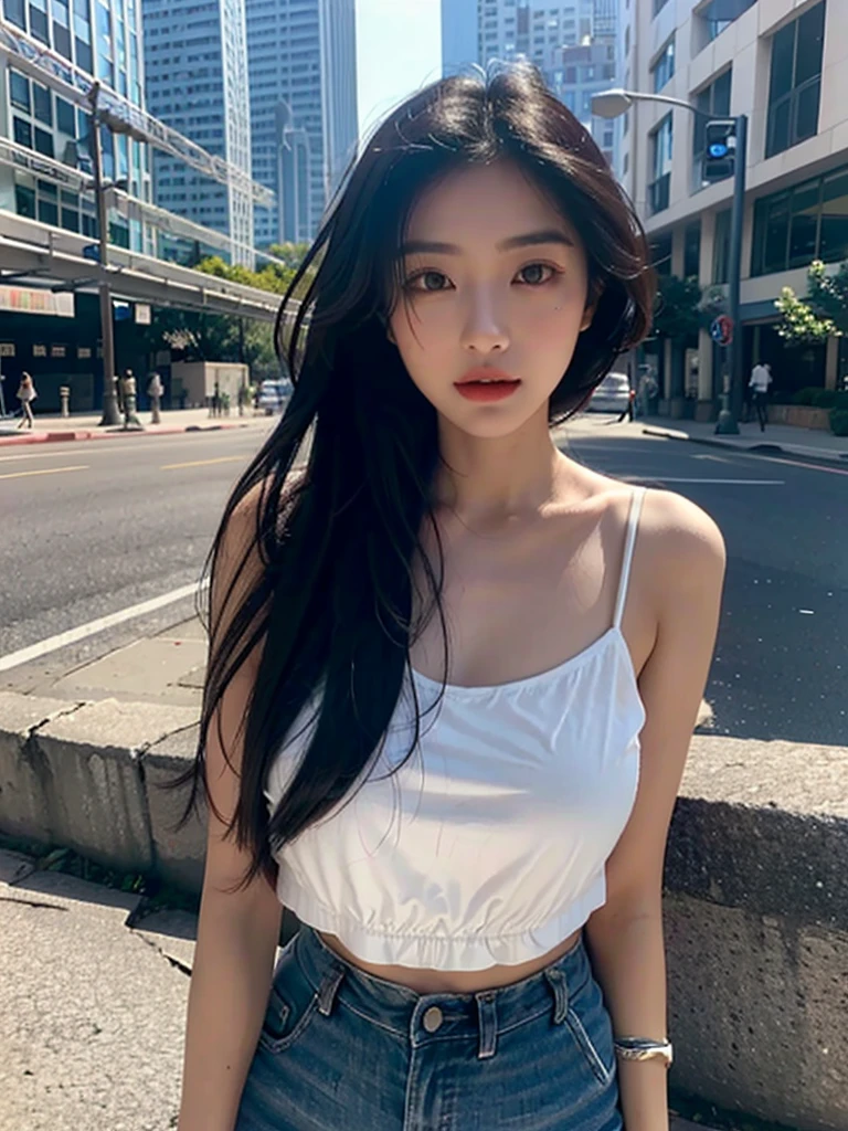 Thai Woman, look at viewer, long hair, shirt, jeans, cloud, day, sky,outdoors, post-apocalypse, ruins, scenery, tree, water,