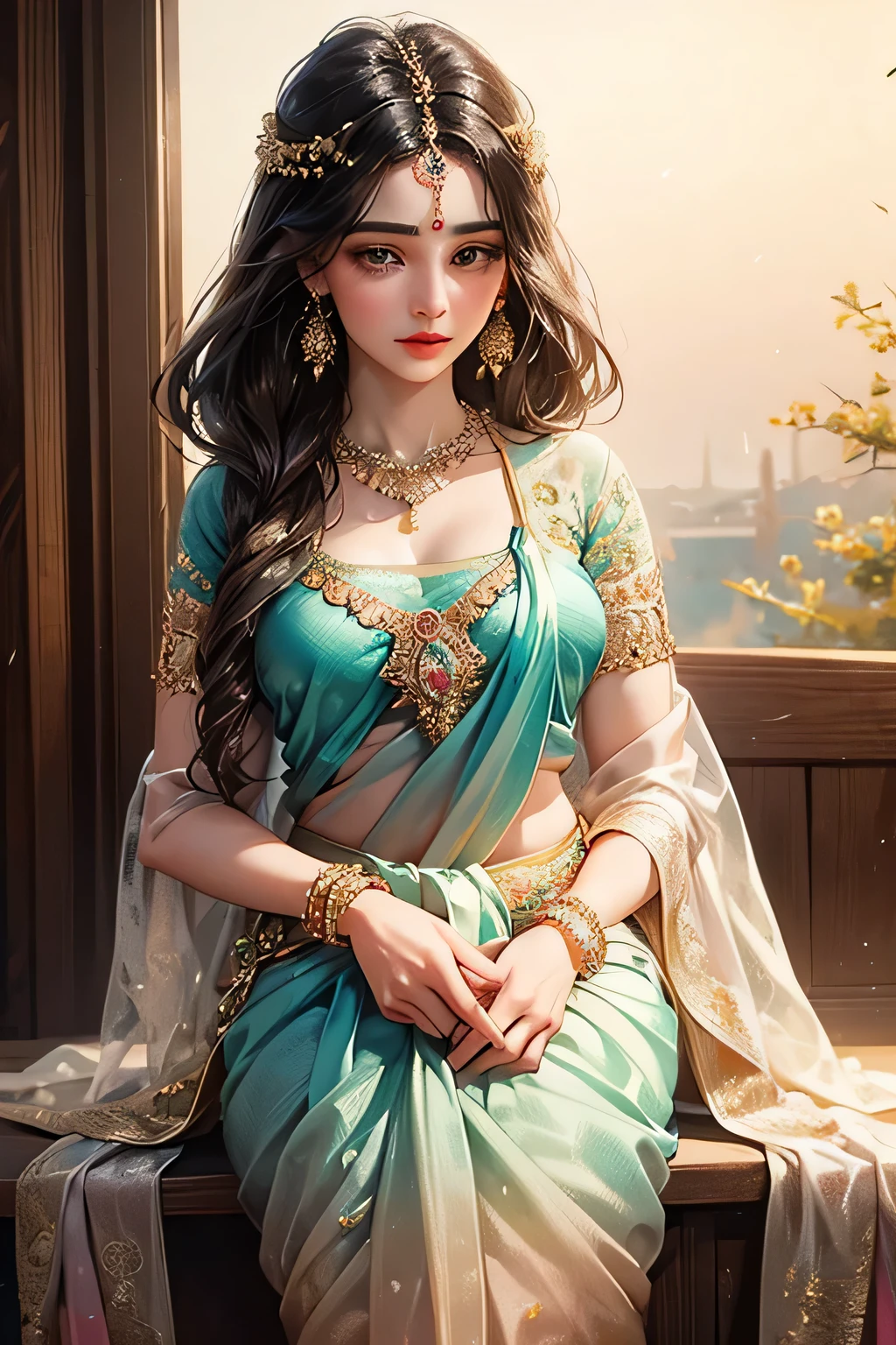 Goddess, very beautiful, animated style, closeup shot, anime in a (((combination indian traditional saree))) (((saree))) (((blouse))), long black wavy hair untied, head jewellery, head clips, head chains, head tiara, necklace, long and beautiful earings, armlets, bangles and bracelets, rings, pleasant expression, bright big black eyes, holding a flower, natural beauty, vibrant colors, dreamy, northern light, pink bubble, romantic, soft lighting, vintage aesthetic