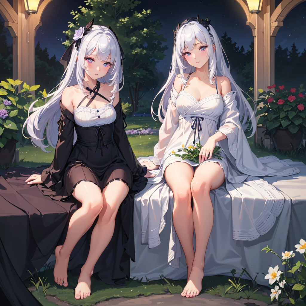 (best quality,4K,8K,high resolution,masterpiece:1.2),Extremely detailed,(Practical,photoPractical,photo-Practical:1.37),illustration,Soft lighting,White hair girl,Deep purple eyes,Glowing eyes,sit down,barefoot,blush,In the garden at night,Flowers.