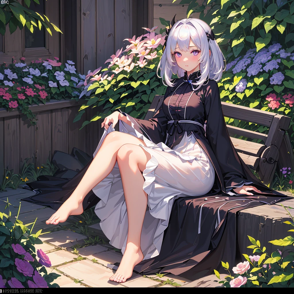 (best quality,4K,8K,high resolution,masterpiece:1.2),Extremely detailed,(Practical,photoPractical,photo-Practical:1.37),illustration,Soft lighting,White hair girl,Deep purple eyes,Glowing eyes,sit down,barefoot,blush,In the garden at night,Flowers.