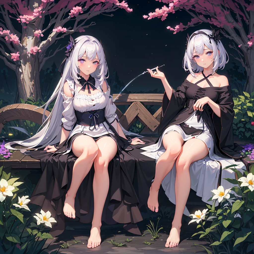 (best quality,4K,8K,high resolution,masterpiece:1.2),Extremely detailed,(Practical,photoPractical,photo-Practical:1.37),illustration,Soft lighting,White hair girl,Deep purple eyes,Glowing eyes,sit down,barefoot,blush,In the garden at night,Flowers.