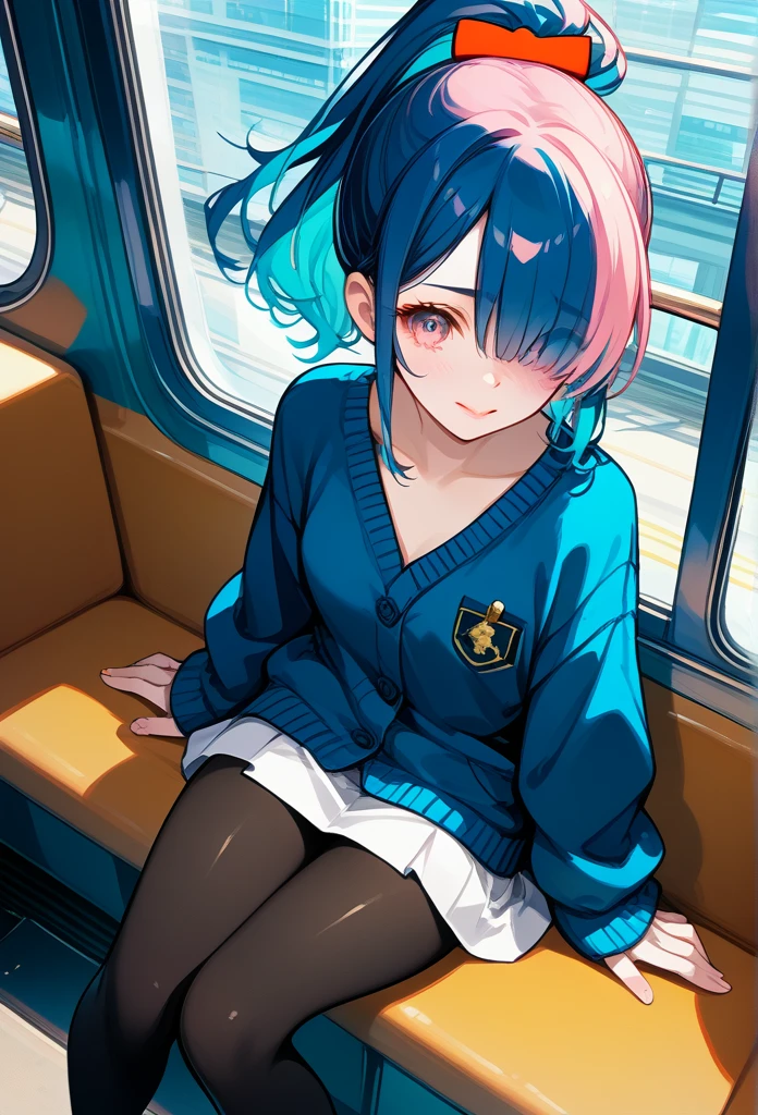 mature woman, mature face, pink eyes, shy expression, shy face, nervous smile, glossy lips, ponytail hair, (blue hair color, pink gradient hair color, azure color hair), bangs covering left eye, left blinding bangs hairstyle, mature body, small breasts, dark blue cardigan, short skirt, navy color skirt, pantyhose, sitting in train, bullet train, tokyo through windows, windows behind, above view