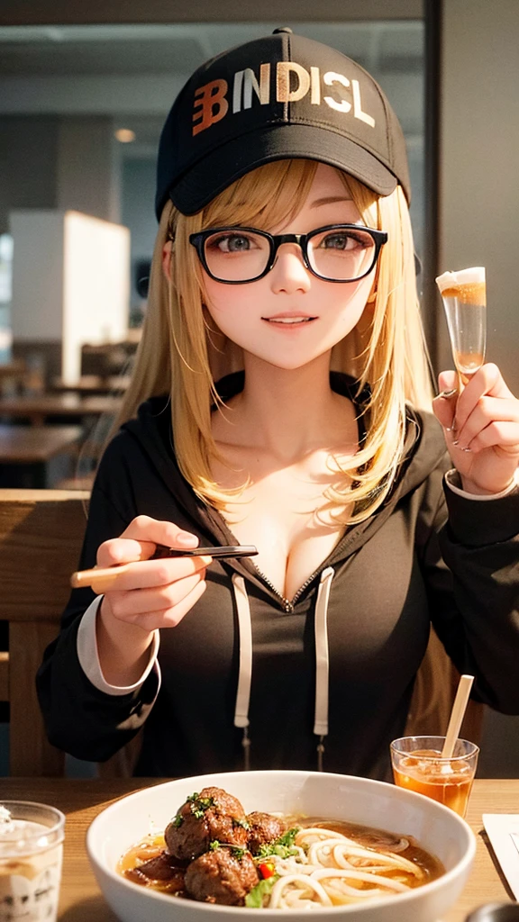 Solo 1 girl, blonde, hoodie & glasses, black hoodie, sitting, enjoying jumbo meatballs, using chopsticks, a glass of iced tea and super spicy meatballs, meatballs with noodle soup, cafe, he really enjoyed and was very happy, big breast, best quality, super detailed