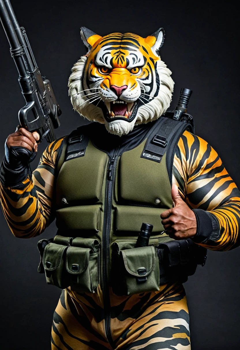 (a dark-skinned fat muscular old man in a bulky camouflage zipper diver suit) carrying a gun and (wearing realistic roaring siberian tiger mask), thumbs up, muscular, Basuki Abdullah, sumatraism, action, a character portrait, heroic, fierce, snarling