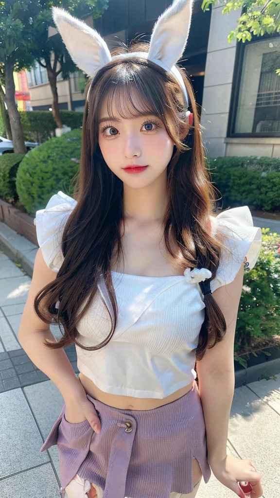 (8K、high resolution、High resolution、Fine details)Beautiful eyelashes、High resolutionの顔、Zoom out、18 years old、 Beautiful detailed eyes、Random cute hairstyles、C cup breasts、Bunny Girl Costume、Bunny ears headband、mini skirt、Sexy clothes that show your belly button