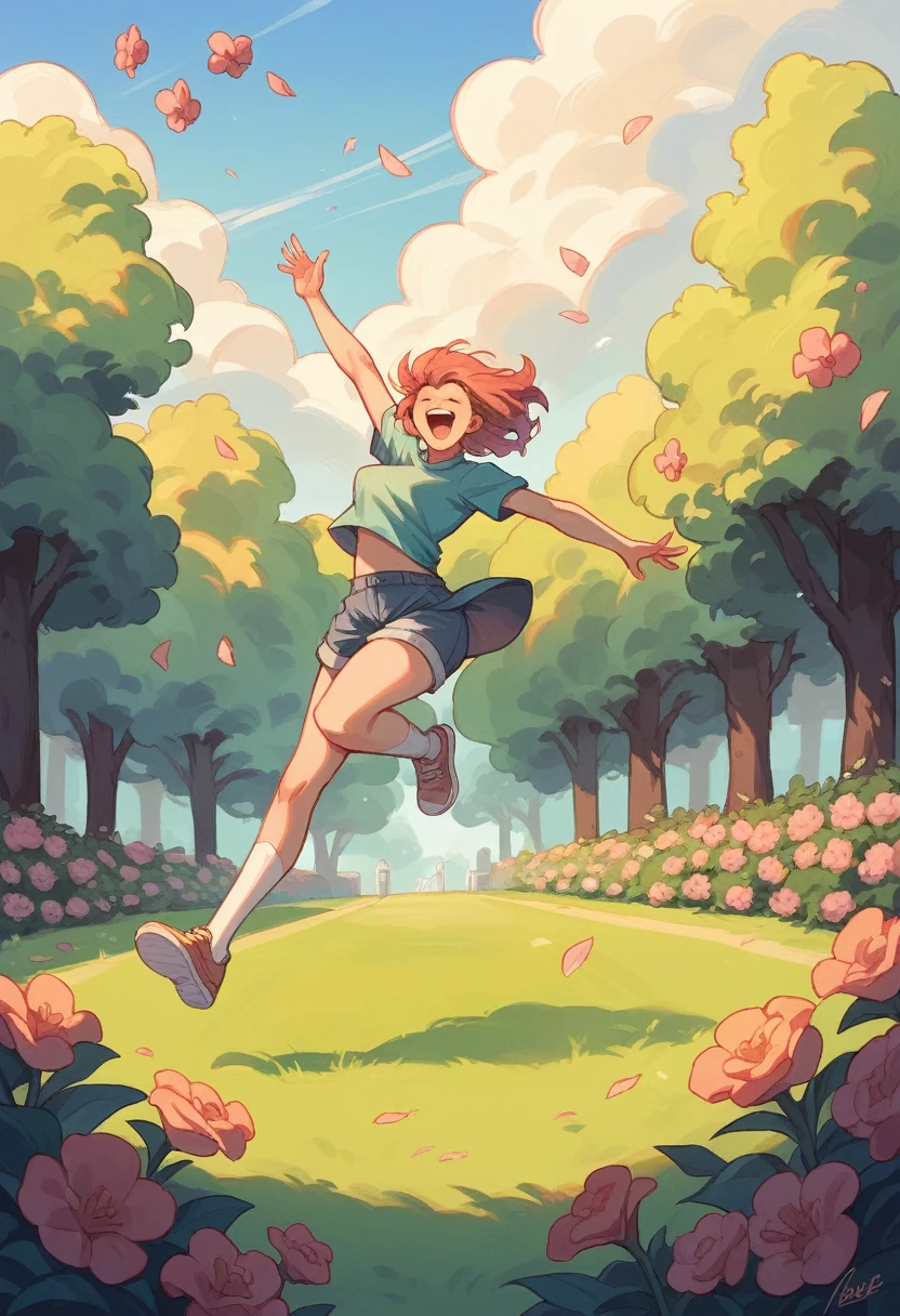 A girl enjoys swinging and laughing among flowers in a park under the evening sky.
