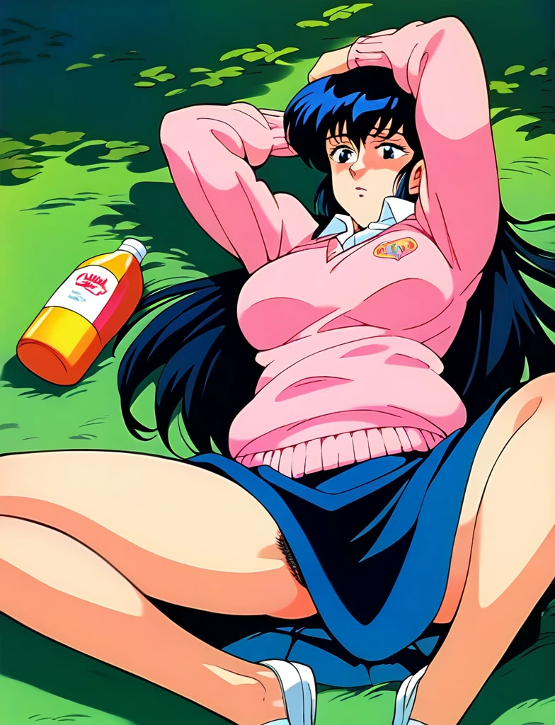 Kyoko,score_9,score_8_superior,score_7_superior,sauce_anime,One girl,alone,View your viewers,soaked,downpour,in the forest,Pink Sweater,White collared shirt,length_skirt,blue skirt,Spread your legs,pubic hair,Lying down,Sad face,:d,arms_behind_return,