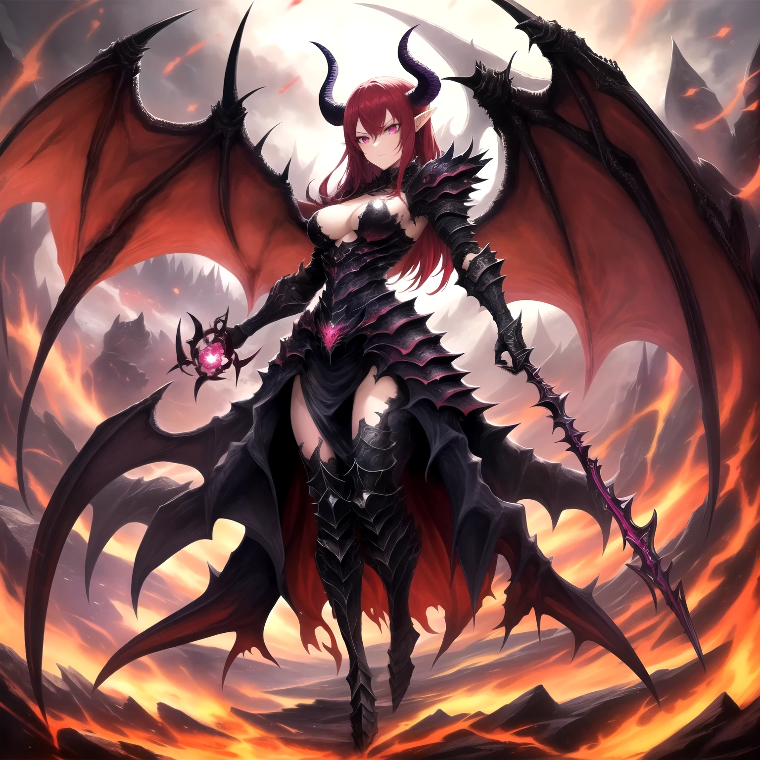 flaming red dragon woman with wings, perfect hands, flames and particles, fictional figure body hands on waist