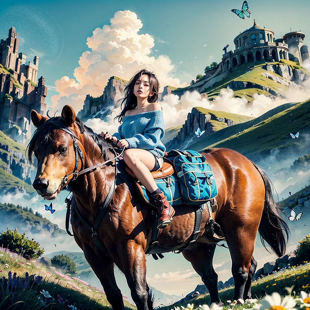 ((best quality)), ((masterpiece)), (detailed), 1girl, off-shoulder sweater, a riding bear in heavy armor and a saddle loaded with hiking bags walks through a flower meadow over which butterflies flutter against the backdrop of high mountains,