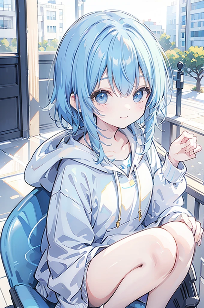 ((Best Quality,Masterpiece,8K,Top image quality))girl1,1人,blue hairs,bobhair,shorth hair,The left eye is green,The right eye is blue,odd eye,校服,Wearing a hoodie,Upper body only,single,,