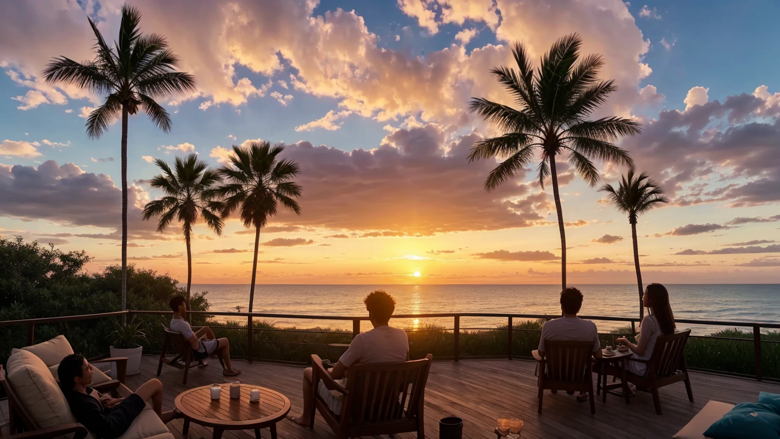 Arafif sits in a chair、A coffee cup is placed on the table, ビーチのWatching the sunset, 浜辺でWatching the sunset少女, relax time. Nice view, Watching the sunset, Santa monica, Sunset view, Palm Palm,美しいWatching the sunset, Warm and beautiful scenery, Relaxed atmosphere, Set the date, With the sunset, Sunset time, Watching the sunset, When the sun goes down