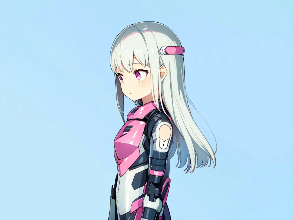 1girl, mecha musume, pink and black armor, light armor, standing, white hair, blue sky, pink eyes, long hair,