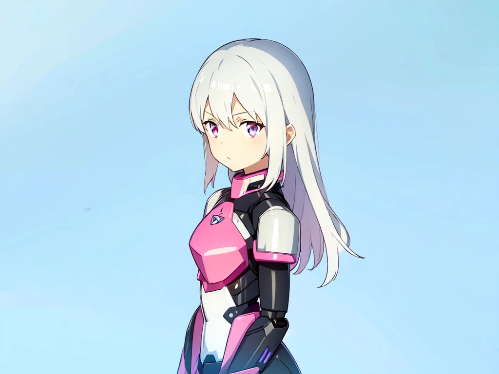 1girl, mecha musume, pink and black armor, light armor, standing, white hair, blue sky, pink eyes, long hair,