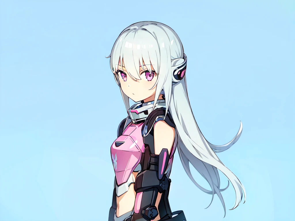 1girl, mecha musume, pink and black armor, light armor, standing, white hair, blue sky, pink eyes, long hair,