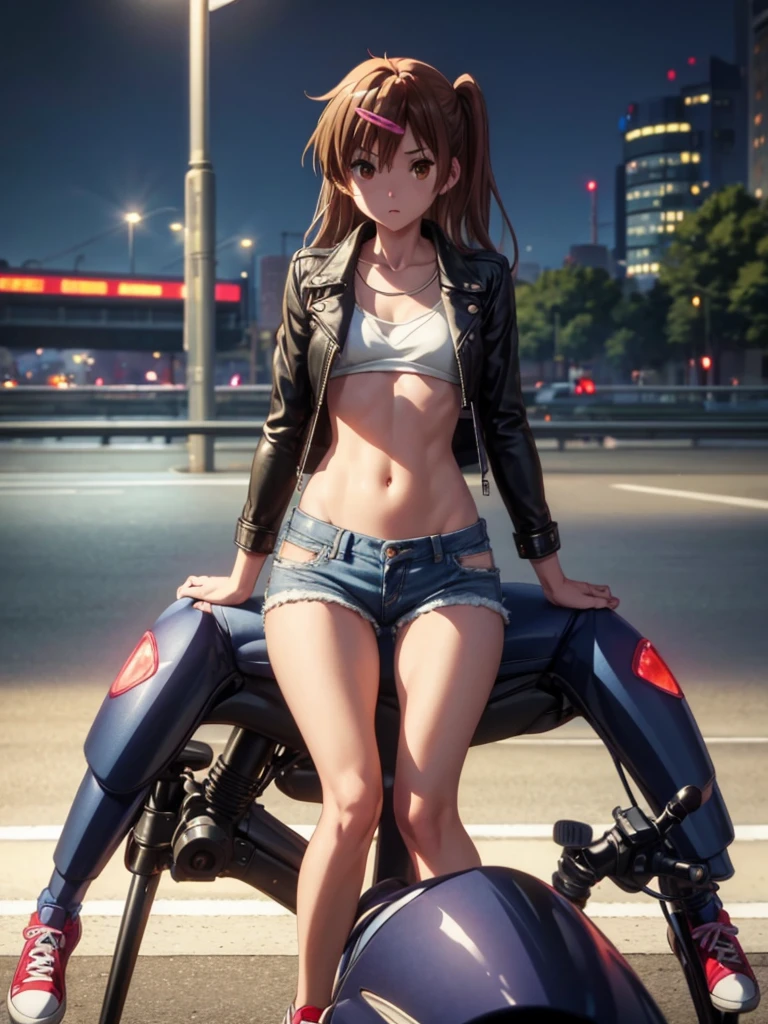 Girl, short blue jeans short, You can see her breasts,  street background, openlegs, night, highway, night, Sneakers, Bare chest, small breast, slim body, You can see the thong, Short Leather jacket  for a naked body, Sitting on a motorcycle, motorcycle, 