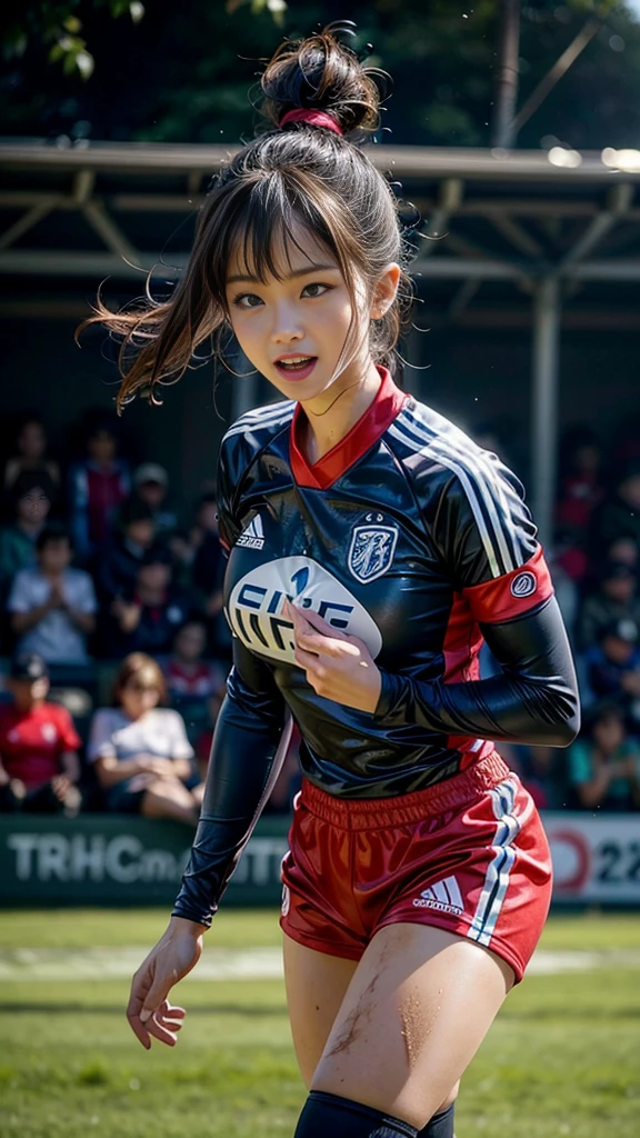 Highest quality, High resolution:1.2, Very detailed, Realistic:1.3, ((Beautiful woman))、((Super tight uniform))、((Big Breasts))、Vibrant colors, play soccer,((Blunt bangs))、Various Hair Styles、Different hair colors、With bangs、Wet Hair, concentrate, splash, Action Shots, Grass blotches, Muddy ground, Wet turf, decide, Fast-paced games, Athletic physique, Shiny soccer ball, Wet Uniform, raindrop, Blurred motion, ボールにconcentrateする, Intense competition, Skillful dribbling, Energetic play, Teamwork, powerful shoots, Wet pitch, Passionate sports, Fierce decide, Humid atmosphere, Fluid movement, emotional expression、Dramatic lighting, Women's Sports, Avid athletes, Exciting Games, Endure, Excited state, Speed and agility, Energetic play, 濡れたsplash、smile、Red Uniform