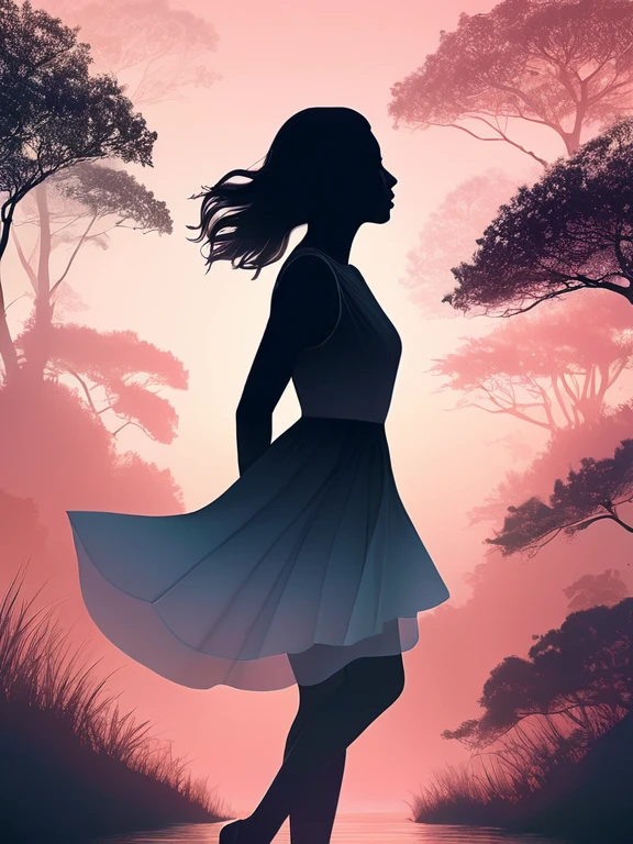 Against a backdrop of a matte gradient transitioning from misty gray to soft blush,a compelling double exposure picture that seamlessly merges the presence of a woman and the wonders of nature. Capture the harmony between the human form and the natural world, using light and shadow to accentuate their connection and create a visually striking narrative. the silhouette of the woman intricately entwined with psychedelic patterns takes form. Fine lines dance on the tranquil gradient, providing a captivating contrast against the vibrant intricacies. She steps into the composition, a captivating harmony of calm gradients and dynamic allure, digital rendering, trippy art, illustration., 3d render