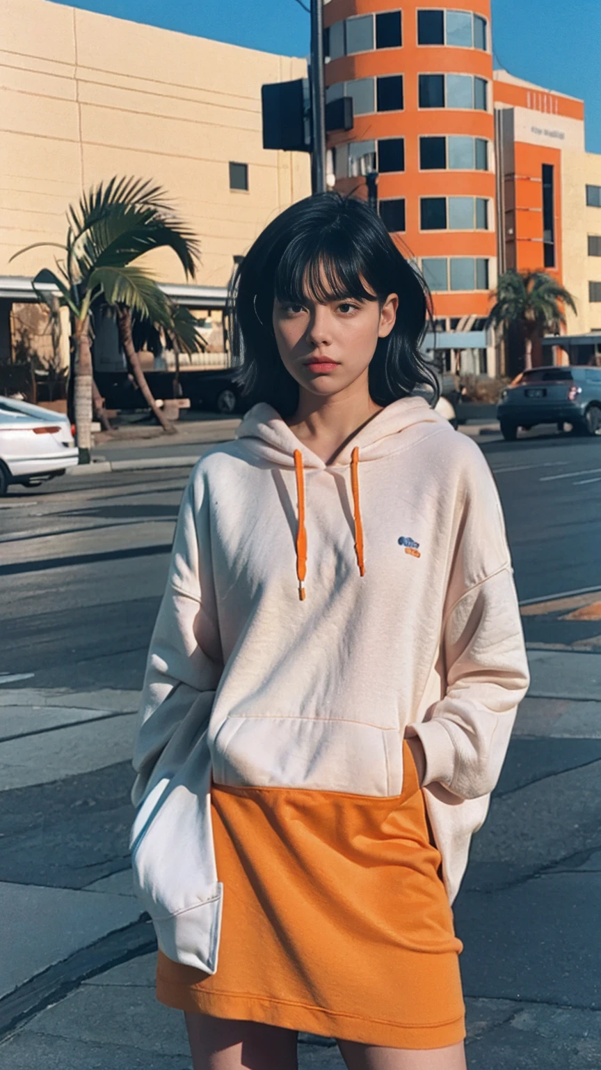 portrait of a 23 yo girl, (perfect natural breast) ,wear (((color orange oversized hoodie))), wear ((purple tennis skirt)),looking front,Best Quality,Masterpiece,Ultra High Resolution,(Realisticity:1.4),Original Photo, 1Girl, light leak,ultra high resolution,UHD,beautiful, (black bob hair), almond eye, no makeup, in front of (80's mondrian architecture motel), (realistic:1.2), (surreal:1.3), (very detailed:1.1), ((masterpiece)),summer, blue sky, palm trees,sunny, los angles vibes,film camera, 800mm lens,style of Philip Lorca diCorcia