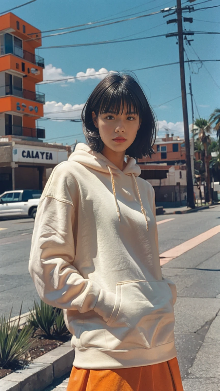 portrait of a 23 yo girl, (perfect natural breast) ,wear (((color orange oversized hoodie))), wear ((purple tennis skirt)),looking front,Best Quality,Masterpiece,Ultra High Resolution,(Realisticity:1.4),Original Photo, 1Girl, light leak,ultra high resolution,UHD,beautiful, (black bob hair), almond eye, no makeup, in front of (80's mondrian architecture motel), (realistic:1.2), (surreal:1.3), (very detailed:1.1), ((masterpiece)),summer, blue sky, palm trees,sunny, los angles vibes,film camera, 800mm lens,style of Philip Lorca diCorcia