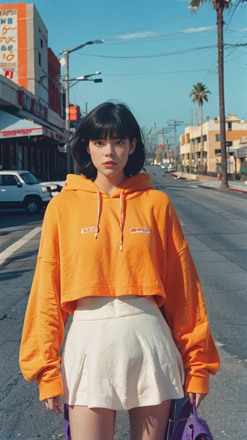portrait of a 23 yo girl, (perfect natural ) ,wear (((color orange oversized hoodie))), wear ((purple tennis skirt)),looking front,Best Quality,Masterpiece,Ultra High Resolution,(Realisticity:1.4),Original Photo, 1Girl, light leak,ultra high resolution,UHD,beautiful, (black bob hair), almond eye, no makeup, in front of (80's mondrian architecture motel), (realistic:1.2), (surreal:1.3), (very detailed:1.1), ((masterpiece)),summer, blue sky, palm trees,sunny, los angles vibes,film camera, 800mm lens,style of Philip Lorca diCorcia