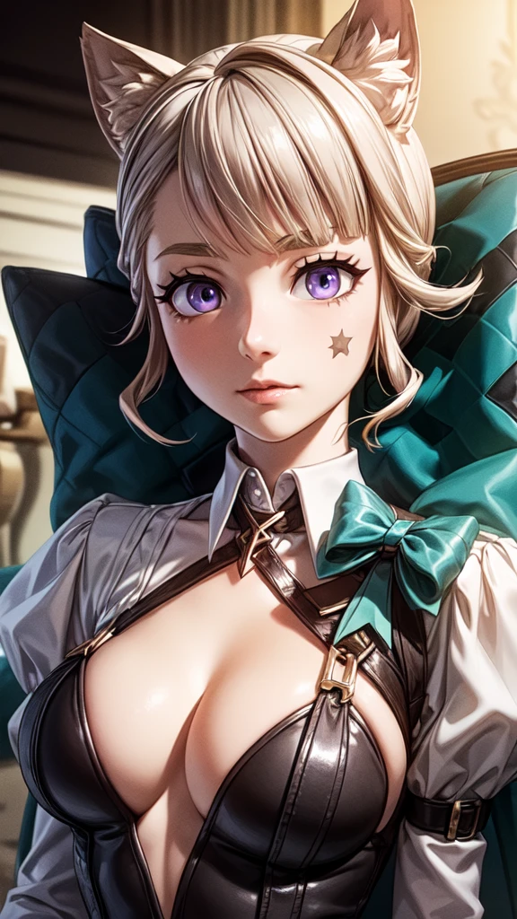 lynette, small animal ear fluff, small animal ears, small cat ears, facial mark, hair bow, (purple eyes:1.1, brown hair, star, star on cheek),body 3:4,
Black leather tutu with big Cleavage,
BREAK big breast,
BREAK idle face, lying down on back,
BREAK (masterpiece:1.2), best quality, high resolution, unity 8k wallpaper, (illustration:0.8), (beautiful detailed eyes:1.6), extremely detailed face, perfect lighting, extremely detailed CG, (perfect hands, perfect anatomy),