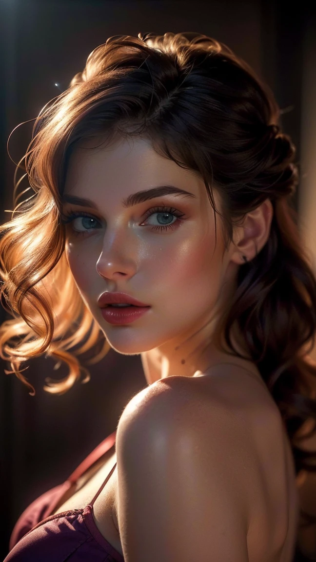 (((ultra realistic))) photo, masterpiece, Superior quality, (pale skin), (Visage et yeux Ultra detaileds:1.3), 1 fille, adulte, nue, ((Maquillage pour les yeux, mascara rose)), ((detailed fake lips)), ((rose wavy hair)), ((Elegant hairstyle)) , (natural boobs), (slender waist). ((posing, mains sur la poitrine)), Photo shoot, (gentle) lighting, (The play of light and shadow), depth of field, bokeh, (attention particulière aux détails de la peau: 1.2), Detailed leather texture, pores on skin. (Erotic atmosphere of the setting. Color range - purple, rose, Tonnes), rd, ((grain de film)), ((des rayons)), (dazzle), ((high waisted portrait)) , Ultra detailed,