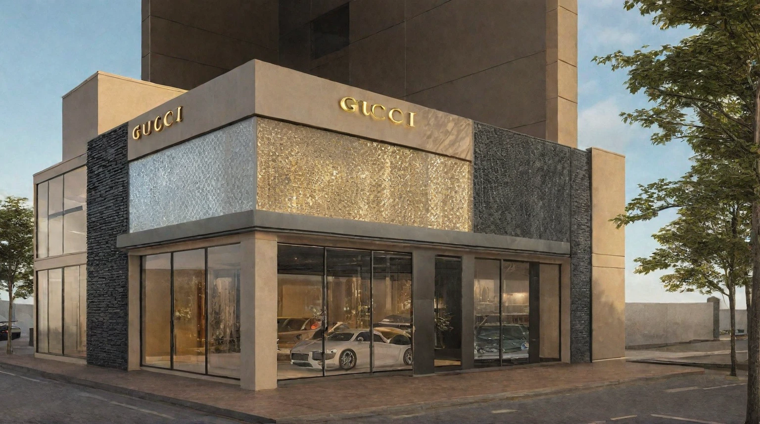 (exterior scene, auto showroom, night light), Create an outdoor scene featuring a luxurious car showroom. The building should have large glass windows and a facade covered with elegant CNC perforated panels, reminiscent of a high-end Gucci store. The panels and glass should reflect the magical glow of spotlights. It's evening, and warm yellow light emanates from inside the showroom, which is filled with stylish cars on display. The sky is clear blue, with the glass panels reflecting its colors. The street view includes wide sidewalks with clusters of green trees and bustling pedestrians. Ensure the composition highlights the primary and secondary focal points perfectly
