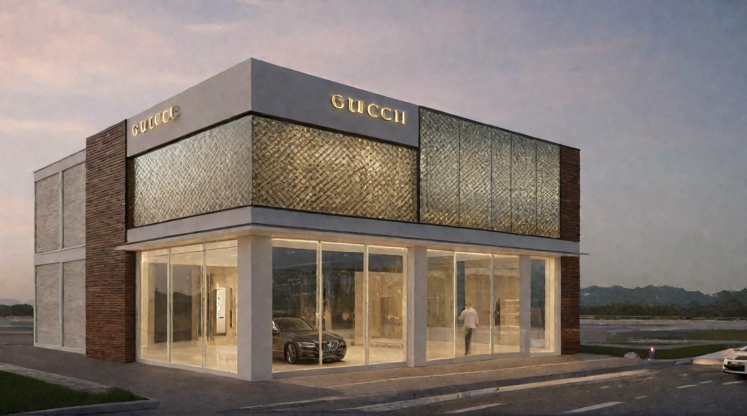 (exterior scene, auto showroom, night light), Create an outdoor scene featuring a luxurious car showroom. The building should have large glass windows and a facade covered with elegant CNC perforated panels, reminiscent of a high-end Gucci store. The panels and glass should reflect the magical glow of spotlights. It's evening, and warm yellow light emanates from inside the showroom, which is filled with stylish cars on display. The sky is clear blue, with the glass panels reflecting its colors. The street view includes wide sidewalks with clusters of green trees and bustling pedestrians. Ensure the composition highlights the primary and secondary focal points perfectly
