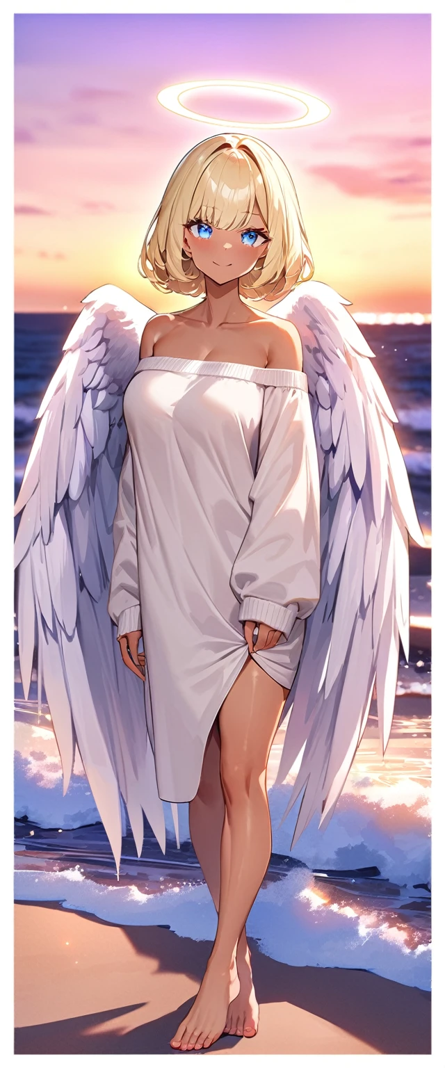 ((angel, big big white wings:1.2, halo:1.3)), full wing, full body, ((tanned skin:1.1)), flying in the sky, ((wavy hair)), evening, Sunset, sea, beach, ((blond hair, bob cut:1.3)), big breasts, teenager, (looking at viewer), oversized clothes, puffy long sleeves, collarbone, ((off-shoulder sweater dress:1.3, Quite thick shoulder straps)), (((sleeves past wrists:1.3))), ((white sweater)), collarbone, head tilt:1.3, (((blue eye))), ((happy smile)), (((anime style))), (best quality, 4K, 8K, highres, masterpiece:1.2, ultra-detailed, ultra-detailed eyes, HDR, uhd, studio lighting, ultra-fine painting, sharp focus, physically-based rendering, extreme detail description, professional, vivid colors, bokeh), ((Highest quality, Best image quality, Ultra-high resolution, Ultra-high resolution, solo, Strong eye highlights)), Depth of written boundary, Natural soft light, attractive, Beautiful Face, Cleanliness, Pure Face, medium chest, Beautiful Face, Perfect Fingers, Perfect hands, Perfect body, Perfect Face, Shine a light into your eyes, Perfect Anatomy