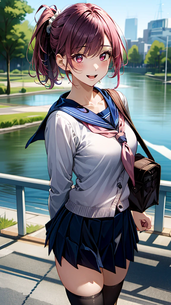 (masterpiece:1.2, top-quality, ultra high res, ultra detailed), (realistic, photorealistic:1.4), beautiful illustration, (natural side lighting, movie lighting),
looking at viewer, 1 girl, japanese, high school girl, perfect face, (perfect ???????), cute and symmetrical face, shiny skin, slender,
(short hair, side ponytail, purple hair), asymmetrical bangs, dark red eyes, drooping eyes, big eyes, long eye lasher, (medium breasts),
beautiful hair, beautiful face, beautiful detailed eyes, beautiful clavicle, beautiful body, beautiful chest, beautiful thigh, beautiful legs,
((dark pink cardigan, white sailor fuku with blue line, navy pleated skirt, white sailor collar, red sailor scarf, black tights)), pink hair chouchou, navy school bag,
(beautiful scenery), depth of field, morning, (riverside, cityscape in the distance), walking, (lovely smile, upper eyes, open mouth),