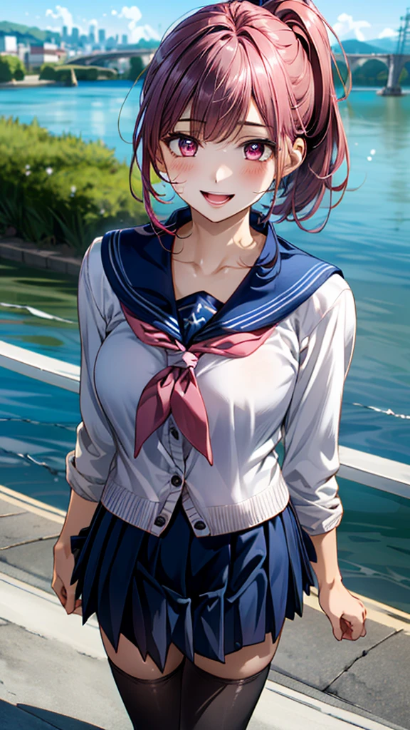 (masterpiece:1.2, top-quality, ultra high res, ultra detailed), (realistic, photorealistic:1.4), beautiful illustration, (natural side lighting, movie lighting), 
looking at viewer, 1 girl, japanese, high school girl, perfect face, (perfect anatomy), cute and symmetrical face, shiny skin, slender, 
(short hair, side ponytail, purple hair), asymmetrical bangs, dark red eyes, drooping eyes, big eyes, long eye lasher, (medium breasts), 
beautiful hair, beautiful face, beautiful detailed eyes, beautiful clavicle, beautiful body, beautiful chest, beautiful thigh, beautiful legs, 
((dark pink cardigan, white sailor fuku with blue line, navy pleated skirt, white sailor collar, red sailor scarf, black tights)), pink hair chouchou, navy school bag, 
(beautiful scenery), depth of field, morning, (riverside, cityscape in the distance), walking, (lovely smile, upper eyes, open mouth),