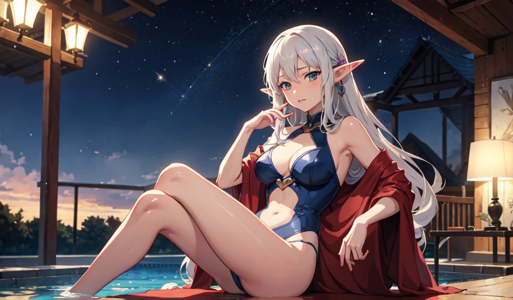 ((Top quality anime images)), ((masterpiece)),  An elf woman is relaxing at the night pool,high resolution