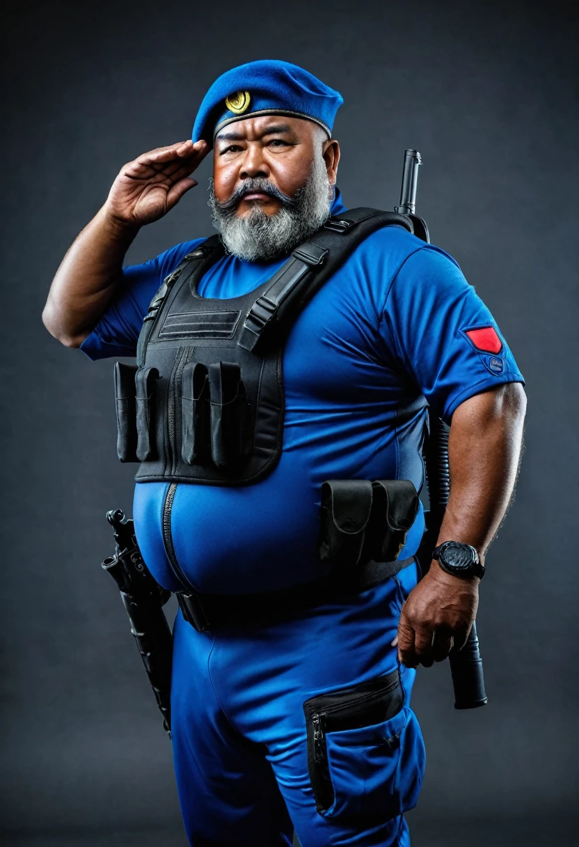 (a dark-skinned bearded fat old man in a bulky blue zipper diver suit) saluting, carrying a gun in holster and (wearing army beret), muscular, Basuki Abdullah, sumatraism, action, a character portrait, heroic, fierce, angry