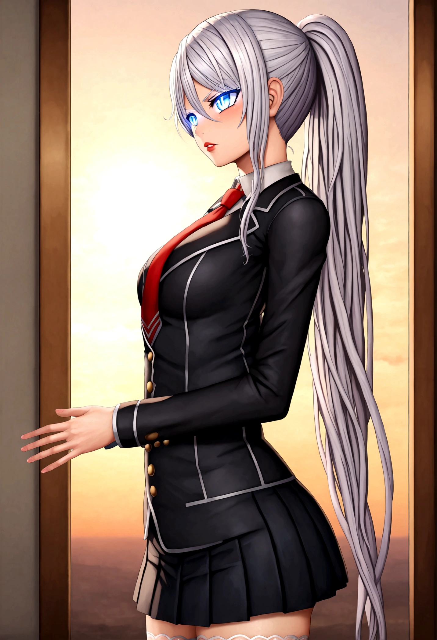 1girl, solo, kiana kaslana (herrscher of finality), looking to the side, from behind, ponytail, long ponytail, white hair, blue eyes, serious gaze, glowing eyes, solid eyes, sharp eyes, eyeliner, white pupils, bright pupils, slit pupils, purple scales, emotionless, glossy lips, parted lips, red lips, disgusted face, expressive face, small stature, slender body, wide hips, high school student outfit, long sleeves jacket, recruit shirt, white lace thigh highs, collar with tie, pleated short skirt, sunset, perfect face, perfect hands, perfect fingers, non human fingers, perfect design, perfect detailed eyes, beautiful detailed eyes, top quality, best quality, masterpiece, detailed outfit, super detailed, ultra detailed, highly detailed, cinematic lighting, perfect anatomy, CG:1.9, ultra detailed:1.9, ultra-detailed:1.9, high resolution:1.9, high res:1.9, absurdres:1.9, masterpiece:2, high quality:2, best quality:2, (ultra-detailed), (illustration), (disheveled hair), (beautiful detailed eyes), beautiful, amazing, detailed eyes, (masterpiece), best quality, ((ultra-detailed)), ((an extremely detailed and delicate)), (8k cg wallpaper), (stunning art), ((illustration)),pottsness style,all in one, official_art, 